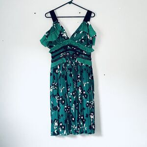 LEA Collection Dress 2XL Green Floral Black Velvet Straps Off Shoulder Ruffle